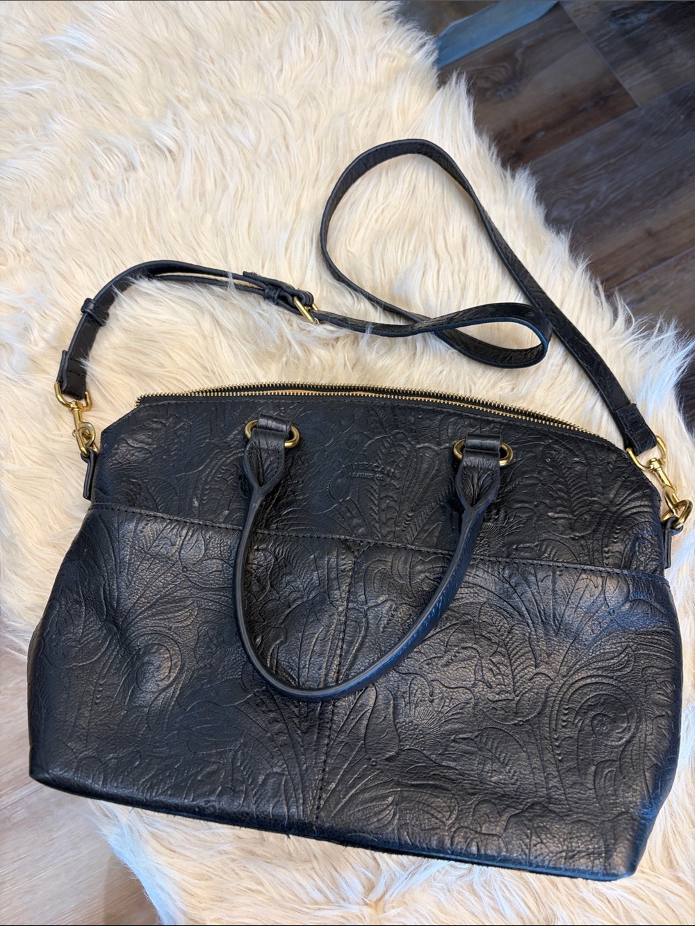 American Leather Co. Embossed Black Leather Satchel with Removable Strap